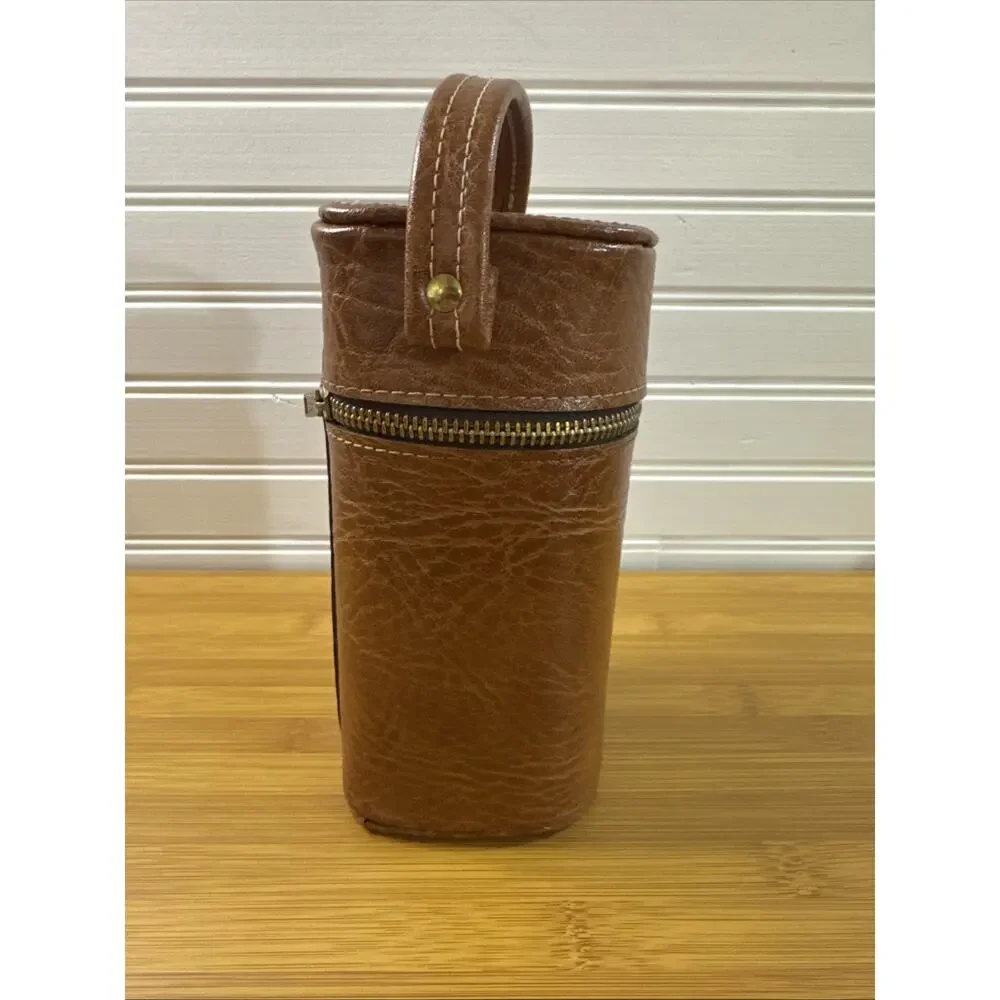 Travel Bar Double Flask Set Gold Caps Textured Brown Case
